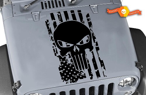 Autocollant en vinyle capuche Crâne Punisher Drapeau USA usé pour Jeep Wrangler