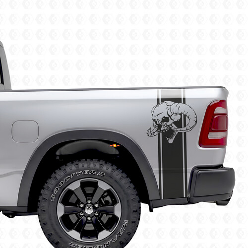 Autocollant en vinyle à rayures de contour avec crâne pour bord de lit Dodge Ram 1500