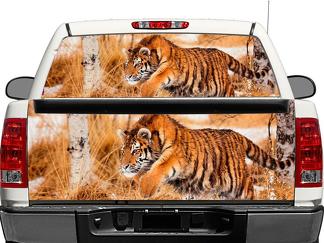 Grand chat neige tigre faune hiver prédateur fenêtre arrière ou hayon autocollant autocollant camionnette SUV voiture