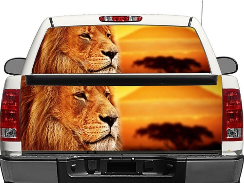 Sticker vinyle arrière fenêtres ou hayon Lion et Paysage pour pick-up, SUV
