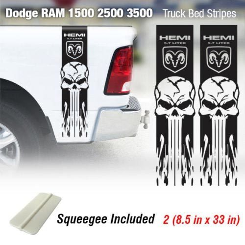 Autocollant en vinyle bandes crâne et flamme côté de lit pour Dodge Ram 1500