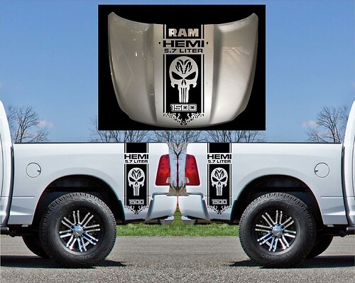 Autocollant vinyle bandes style Punisher & Hemi sur capot et côté de caisse pour Dodge Ram 1500