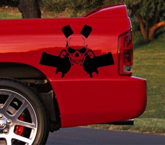 Camion voiture vinyle autocollant course rayure Dodge Ram arrière lit tête de mort logo pistolet des deux côtés