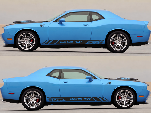 Hellcat Style CUSTOM TEXT Rocker Stripe Pair — Autocollant vinyle (bas de caisse) pour Dodge Challenger 2009-2018