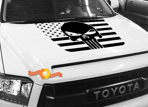 Autocollant en vinyle capot tête de mort Punisher sur fond drapeau USA pour Toyota Tundra 2014-18