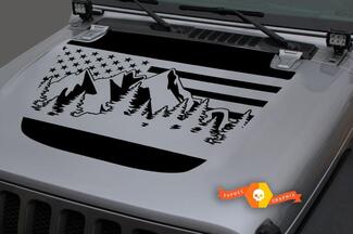 Capot Vinyle Forêt Montagnes USA Drapeau Blackout Sticker Autocollant pour 18-19 Jeep Wrangler JL #1
