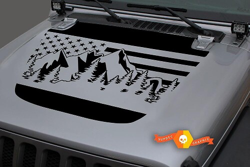 Autocollant Vinyle Capot Paysage Montagne Drapeau USA pour Jeep Wrangler 2018-2019