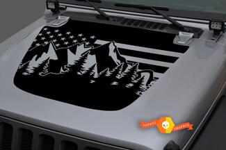 Capot Vinyle Forêt Montagnes USA Drapeau Blackout Sticker Autocollant pour 18-19 Jeep Wrangler JL #2
