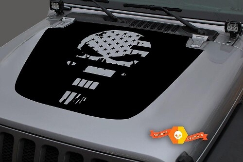 Autocollant en vinyle noirci usé drapeau USA Punisher pour capot Jeep Wrangler 2018-2019
