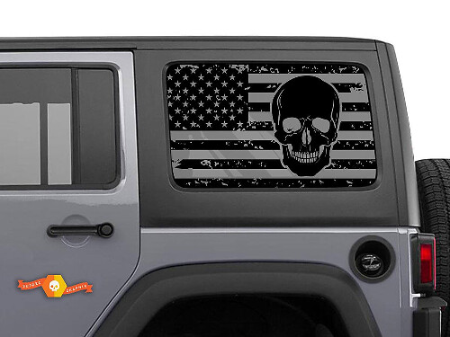 Paire d’autocollants vinyle pour vitres latérales avec crâne et drapeau USA usé pour Jeep Wrangler Hardtop