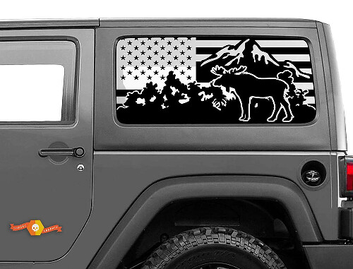 Autocollant drapeau américain Moose Mountain pour fenêtre arrière de Jeep Wrangler Hardtop
