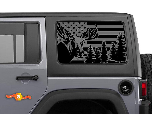 Kit d'autocollants en vinyle avec drapeau USA, élan et forêt pour vitre latérale de Jeep Wrangler Hardtop