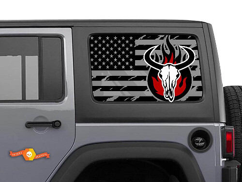 Paire d'autocollants en vinyle pour fenêtre latérale avec tête de taureau et drapeau USA usé pour Jeep Wrangler Hardtop