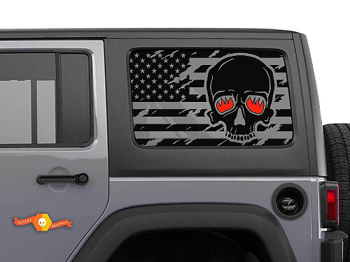 Autocollants Vinyle Drapeau USA Tête de Mort Yeux Brûlants Fenêtre Latérale pour Jeep Wrangler Hardtop