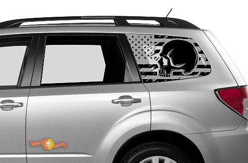 Suba Ascent Forester Hardtop USA Flag Mountains Skull Destroyed Autocollant de pare-brise JKU JLU 2007-2019 ou Tacoma 4Runner Tundra Dodge Challenger Charger Wrangler Rubicon - 107
