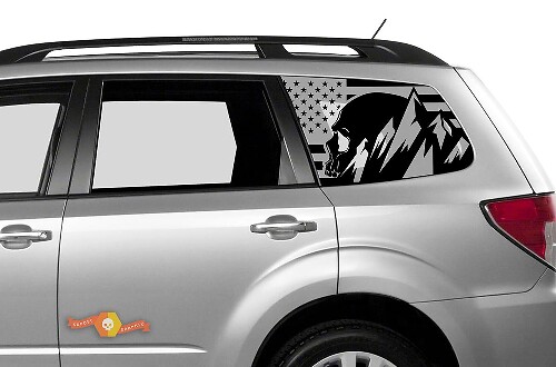 Suba Ascent Forester Hardtop USA Flag Mountains Skull Destroyed Autocollant de pare-brise JKU JLU 2007-2019 ou Tacoma 4Runner Tundra Dodge Challenger Charger Wrangler Rubicon - 109
