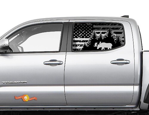 Toyota Tacoma 4Runner Tundra Hardtop USA Flag Destroyed Moose Autocollant de pare-brise JKU JLU 2007-2019 ou Dodge Challenger Charger Suba Ascent Forester Wrangler Rubicon - 122

