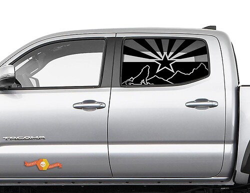 Autocollant en vinyle pour fenêtre latérale avec drapeau de l'Arizona et loup dans les montagnes pour Toyota Tacoma