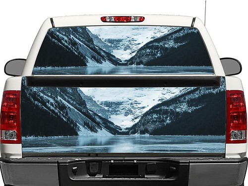 Autocollant en vinyle paysage montagnes enneigées pour lunette arrière ou hayon de pick-up et SUV
