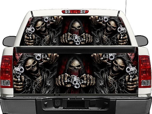 Autocollant en vinyle Têtes de mort & Pistolets pour lunette arrière ou hayon de pick-ups et SUV