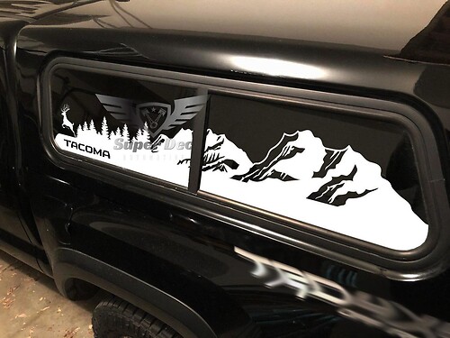 Tacoma Bed Topper windows Mountains Trees and Wolf or Deer or Trout travel Vinyl Sticker Decal fit to Toyota TRD PRO Tacoma 16-21
