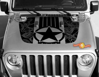 Jeep Gladiator JT Wrangler Military Star stripes Carte topographique JL JLU Hood style Autocollant en vinyle Kit graphique pour 2018-2021
