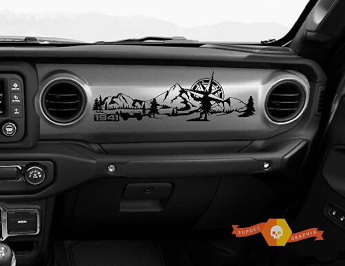 Jeep JL JLU Gladiator Wrangler Dashboard Mountain 1941 Willys avec Compass Scene Vinyl Sticker Decal
