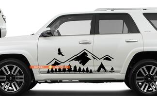 Porte latérale montagnes arbres et camp voyage vinyle autocollant autocollant adapté à Toyota TRD PRO Tacoma 4Runner Tundra
