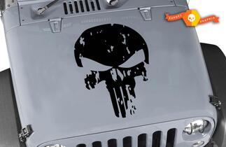 Autocollant de capot pour Jeep Wrangler Distressed Punisher Skull Vinyl Blackout Decal
