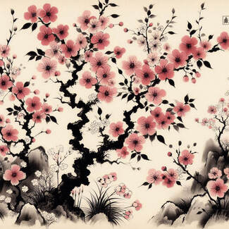 Peinture traditionnelle japonaise sumie de sakura Print autocollant autocollant
 1