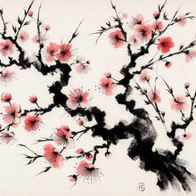 Peinture traditionnelle japonaise sumie de sakura Print autocollant autocollant
 2