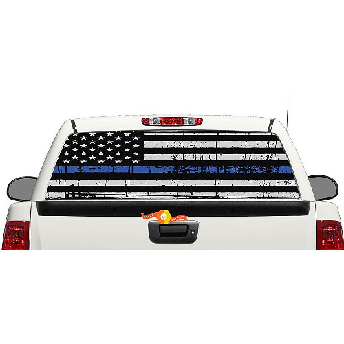 Autocollant vinyle drapeau USA ligne bleue pour lunette arrière ou hayon de pick-up et SUV