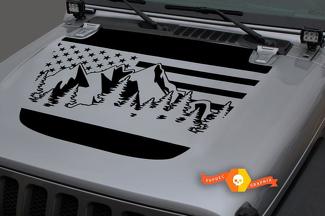 Jeep 2018-2021 Gladiator JT Wrangler JL JLU Capot Usa Drapeau Montagnes Forêt Unique Vinyle autocollant Autocollant Graphiques
