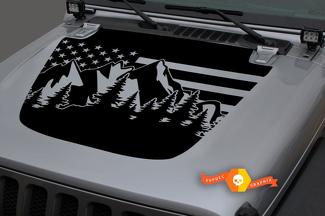 Jeep 2018-2021 Gladiator JT Wrangler JL JLU capot Usa drapeau montagnes forêt vinyle autocollant autocollant graphique
