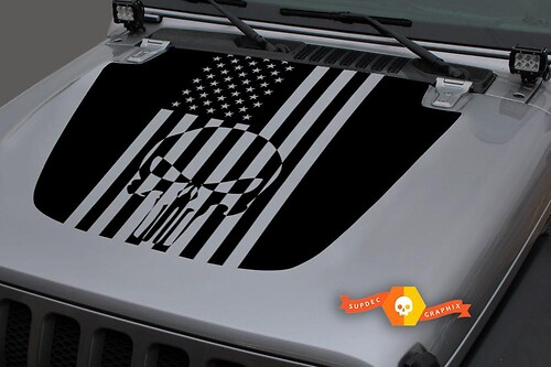 Jeep 2018-2021 Gladiator JT Wrangler JL JLU Hood Punisher Skull USA drapeau vinyle autocollant autocollant graphique
