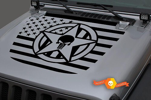 Autocollant en vinyle capot Étoile militaire crâne drapeau USA pour Jeep Wrangler JL JLU & Gladiator JT