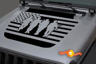 Jeep 2018 - 2021 Gladiator Wrangler JL JLU JT Hood US USA Flag Four Soldiers Vinyl Sticker Sticker Graphic
