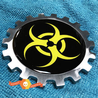 Logo Biohazard en forme de dôme jaune Insigne en métal en aluminium Emblème de chevet en aluminium
