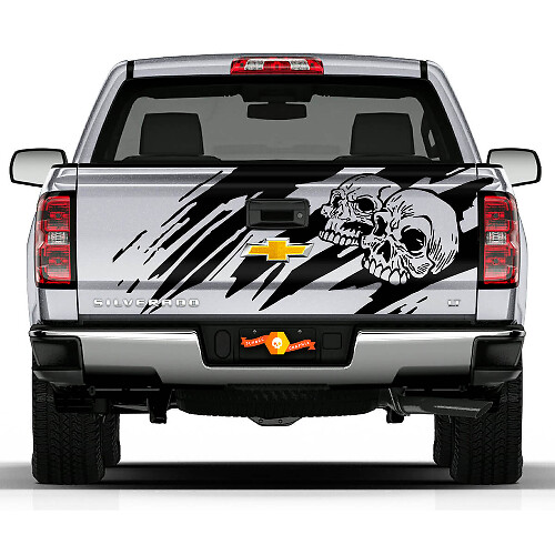 Autocollant vinyle effet usé avec design de crâne pour hayon Chevrolet Silverado