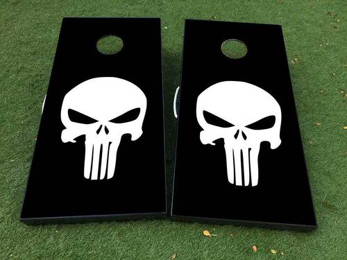 Autocollant de jeu de société noir blanc Punisher Skull Cornhole en vinyle avec feuilleté